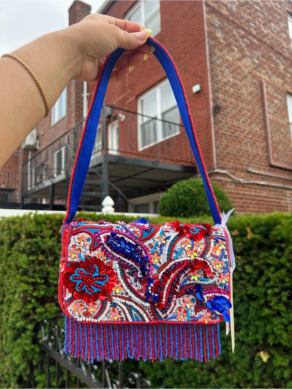TJMAXX MARSHALLS Viral Paisley Floral Colorful Beaded Stripe Shoulder Bag Purse - Picture 5 of 16